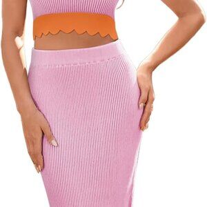 Summer Two Piece Skirt Set Women Color Block Crop Top Ribbed Bodycon Midi